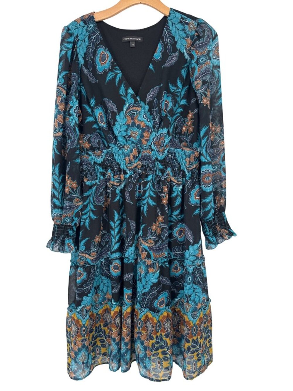 Chris McLaughlin Womens Floral Print Black Blue Long Sleeve Smocked Midi Dress S
